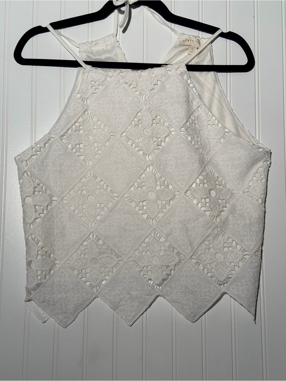 Thirty Thirty White Lace Halter Tank Top with Diamond Crochet Panels Size Large